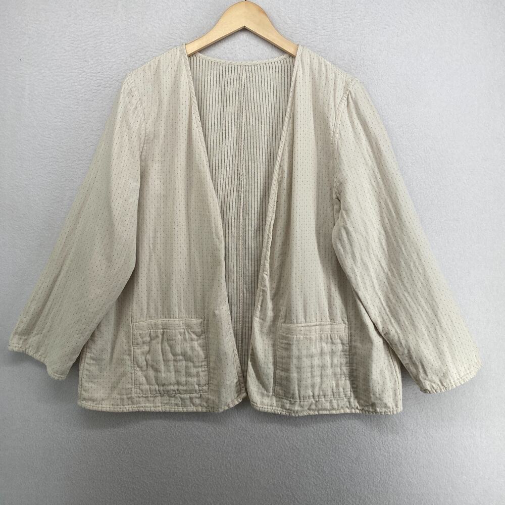 Eileen Fisher Jacket XL Reversible Organic Cotton Open Front Polka Stripe Beige - Picture 2 of 14